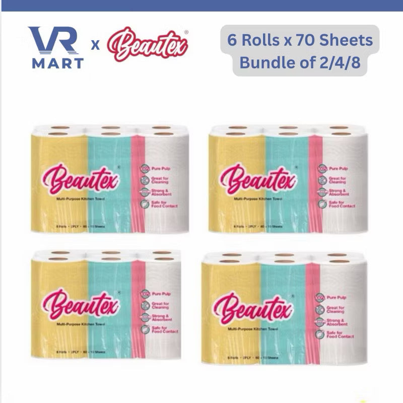 Beautex 2Ply Kitchen Paper Towels / Kitchen Tissue Paper Rolls (6 Rolls x 70 Sheets)
